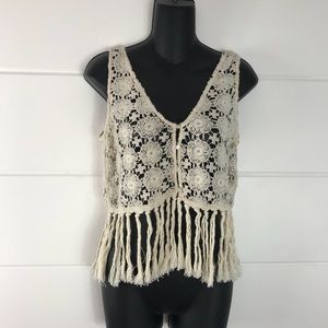 Zara Beige Floral Crochet Fringe Crop Top Vest